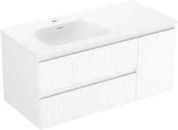 Mexen Rivel 100 cm bathroom cabinet with left Vela sink, 2 drawers, 1 door, grooved, white matte - 91A23-10047-3-BBFFF01-W23L01