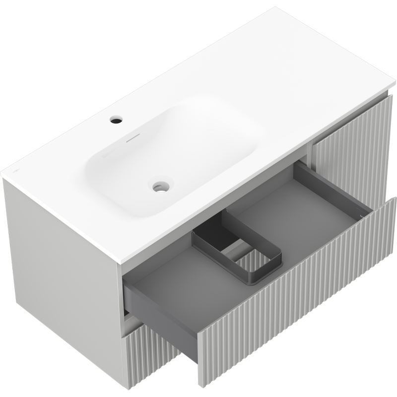 Mexen Rivel armario de baño de 100 cm con lavabo Vela izquierdo, 2S, 1D, acanalado, gris mate/blanco mate