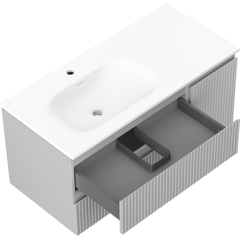 Mexen Rivel szafka łazienkowa 100 cm z umywalką Vela lewą, 2S, 1D, ryflowana, szara mat/biała mat - 91A23-10047-3-BBFFF62-W23L01