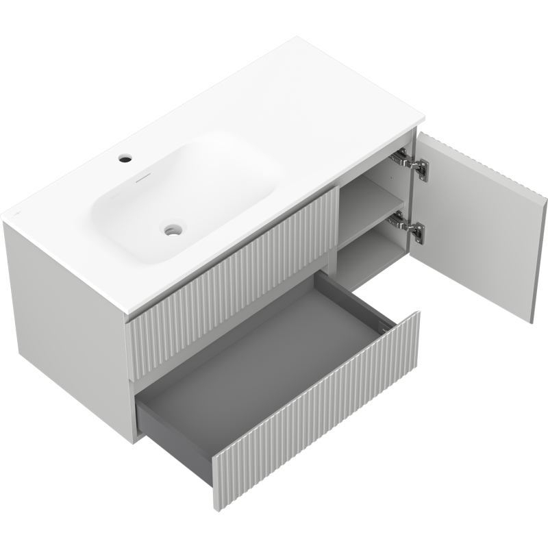 Mexen Rivel armário de casa de banho 100 cm com lavatório Vela esquerdo, 2S, 1D, ranhurado, cinza mate/branco mate