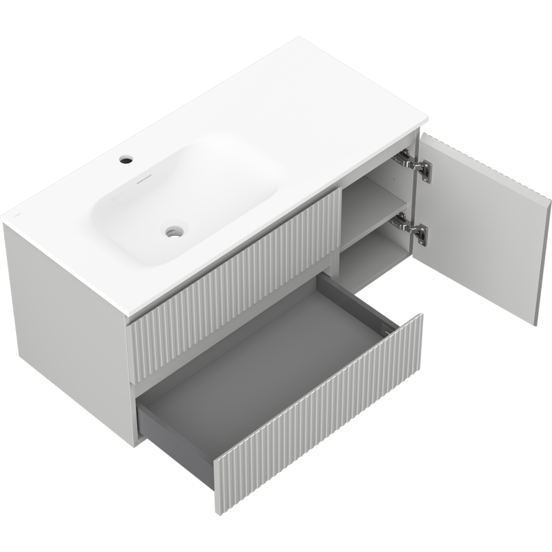 Mexen Rivel meuble de salle de bains 100 cm avec lavabo Vela gauche, 2S, 1D, rainuré, gris mat/blanc mat