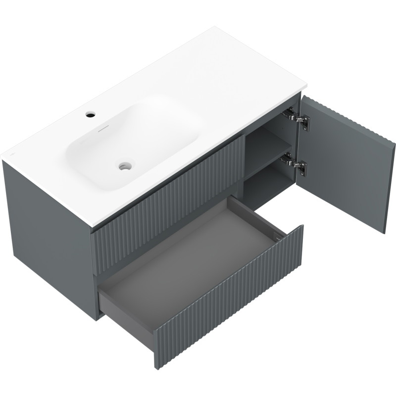 Mexen Rivel badkamerkast 100 cm met wastafel Vela links, 2S, 1D, geribbeld, grafiet/wit mat - 91A23-10047-3-BBFFF66-W23L01