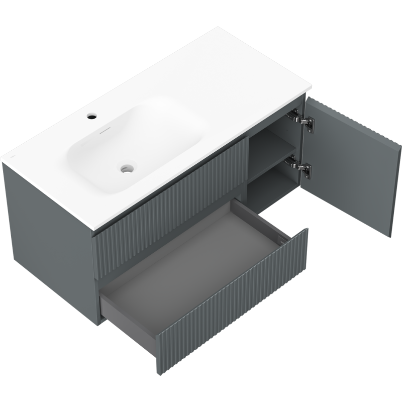 Mexen Rivel Buedzëmmer Schaf 100 cm mat Lavabo Vela lénks, 2S, 1D, rilléiert, graphit/wäiss matt