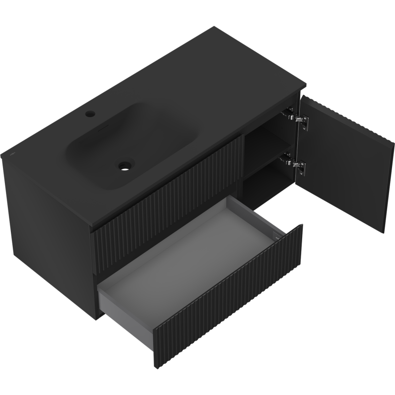 Mexen Rivel mobile da bagno 100 cm con lavabo Vela sinistro, 2S, 1D, scanalato, nero opaco - 91A23-10047-3-BBFFF71-W23L71