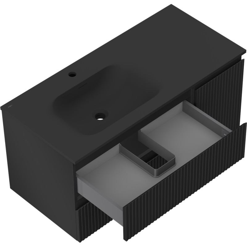 Mexen Rivel Badezimmerschrank 100 cm mit Waschbecken Vela links, 2S, 1T, geriffelt, schwarz matt - 91A23-10047-3-BBFFF71-W23L71