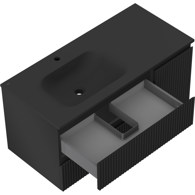Mexen Rivel gabinete de baño de 100 cm con lavabo Vela izquierdo, 2S, 1D, acanalado, negro mate - 91A23-10047-3-BBFFF71-W23L71