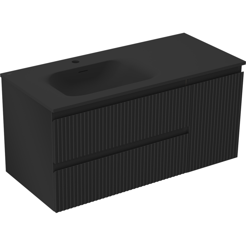 Mexen Rivel bathroom cabinet 100 cm with left Vela sink, 2S, 1D, fluted, black matte - 91A23-10047-3-BBFFF71-W23L71
