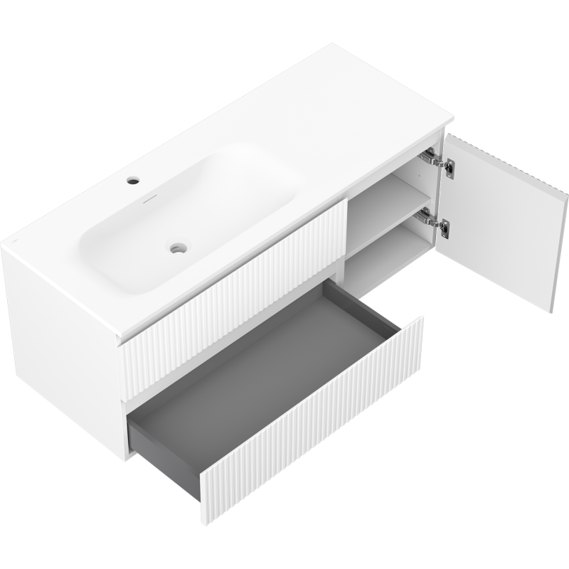 Mexen Rivel mueble de baño de 120 cm con lavabo Vela izquierda, 2S, 1D, ranurado, blanco mate - 91A23-12047-3-BBFFF01-W23L01
