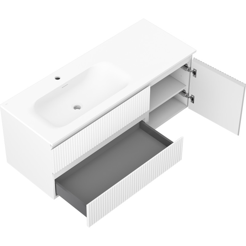 Mexen Rivel szafka łazienkowa 120 cm z umywalką Vela lewą, 2S, 1D, ryflowana, biała mat - 91A23-12047-3-BBFFF01-W23L01
