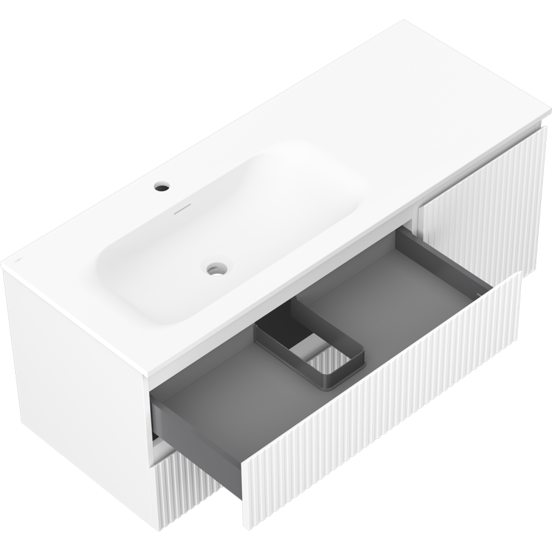Mexen Rivel mueble de baño de 120 cm con lavabo Vela izquierda, 2S, 1D, ranurado, blanco mate - 91A23-12047-3-BBFFF01-W23L01