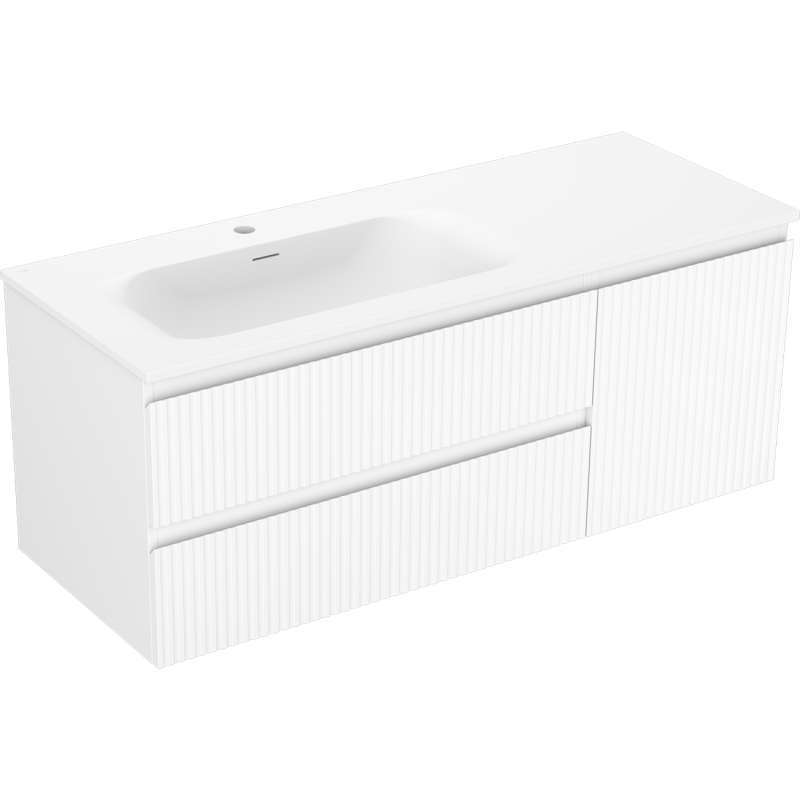 Mexen Rivel mueble de baño de 120 cm con lavabo Vela izquierda, 2S, 1D, ranurado, blanco mate - 91A23-12047-3-BBFFF01-W23L01