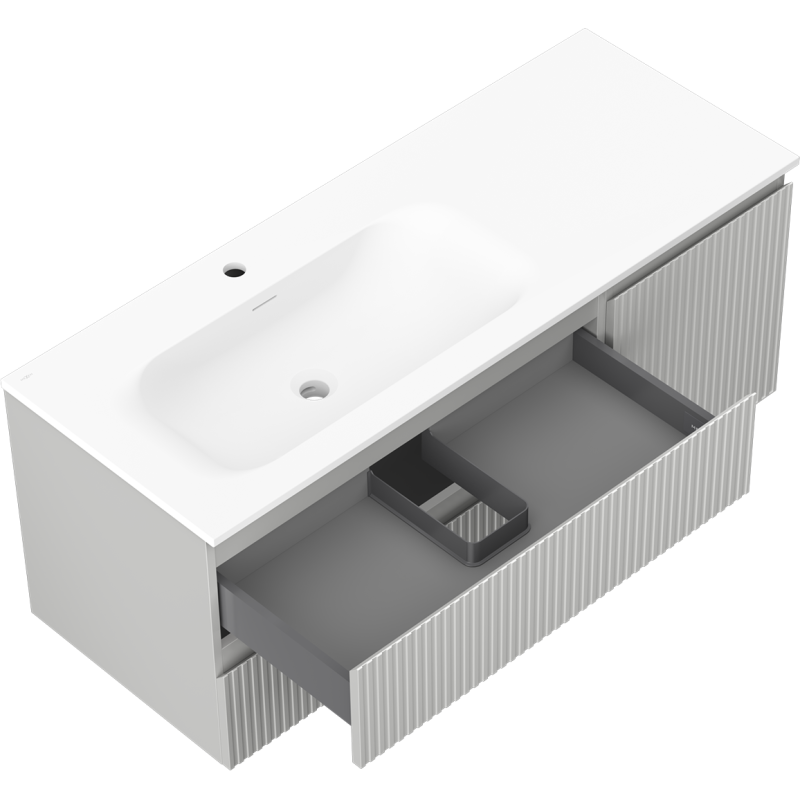 Mexen Rivel mueble de baño de 120 cm con lavabo Vela izquierdo, 2 cajones, 1 puerta, acanalado, gris mate/blanco mate