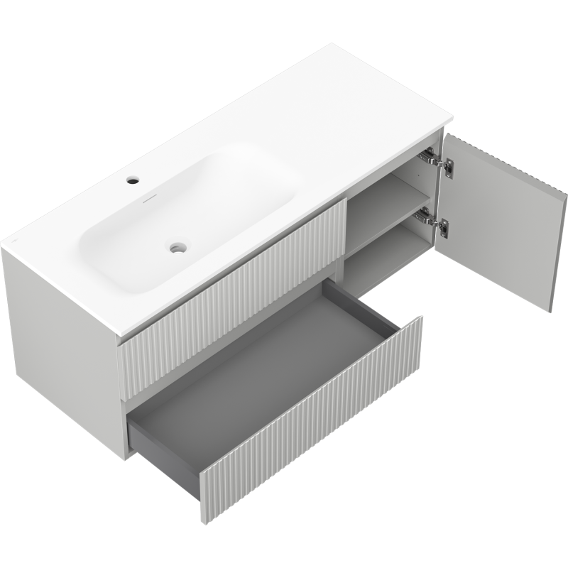 Mexen Rivel Buedzëmerschaf mat 120 cm Bredd mat Vela Lavabo lénks, 2S, 1D, rifeléiert, gro matte/gro matte