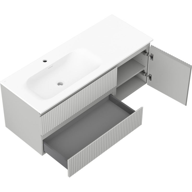 Mexen Rivel szafka łazienkowa 120 cm z umywalką Vela lewą, 2S, 1D, ryflowana, szara mat/biała mat - 91A23-12047-3-BBFFF62-W23L01