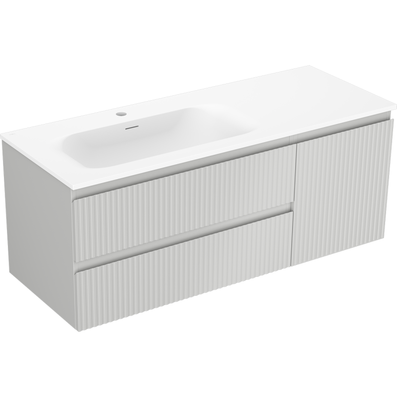 Mexen Rivel meuble de salle de bain 120 cm avec lavabo Vela gauche, 2 tiroirs, 1 porte, rainuré, gris mat/blanc mat