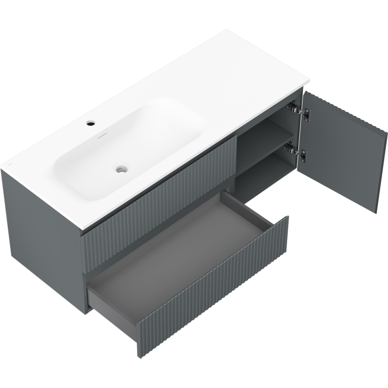 Mexen Rivel armario de baño de 120 cm con lavabo Vela izquierdo, 2 cajones, 1 puerta, acanalado, grafito/blanco mate