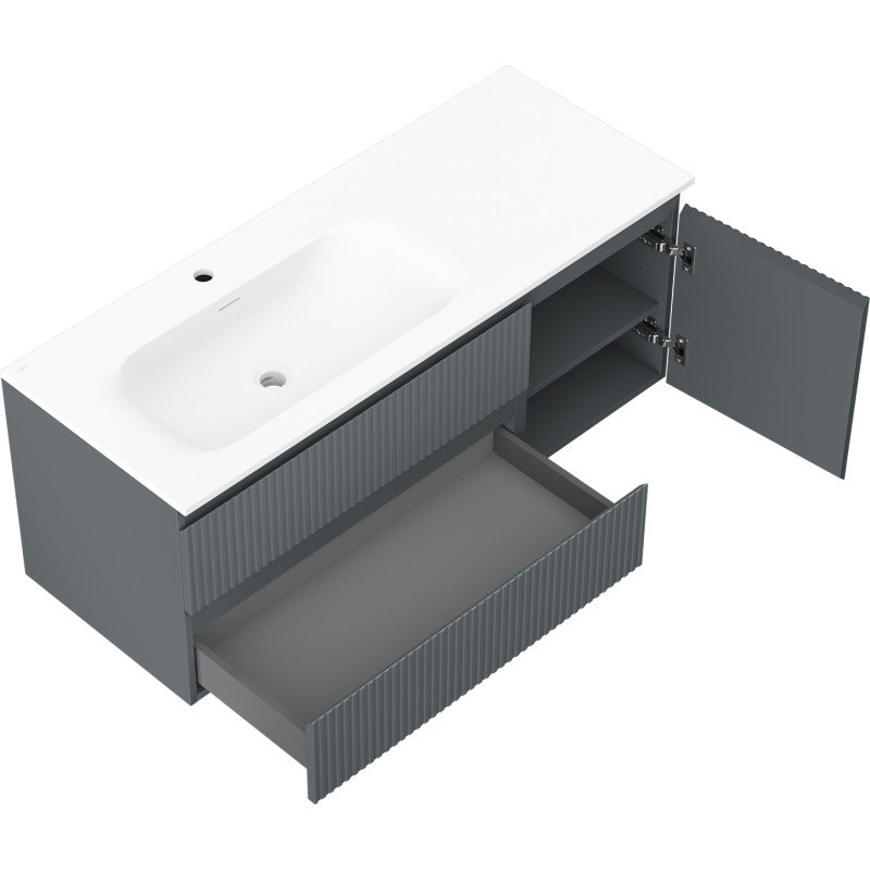 Mexen Rivel szafka łazienkowa 120 cm z umywalką Vela lewą, 2S, 1D, ryflowana, grafit/biała mat - 91A23-12047-3-BBFFF66-W23L01
