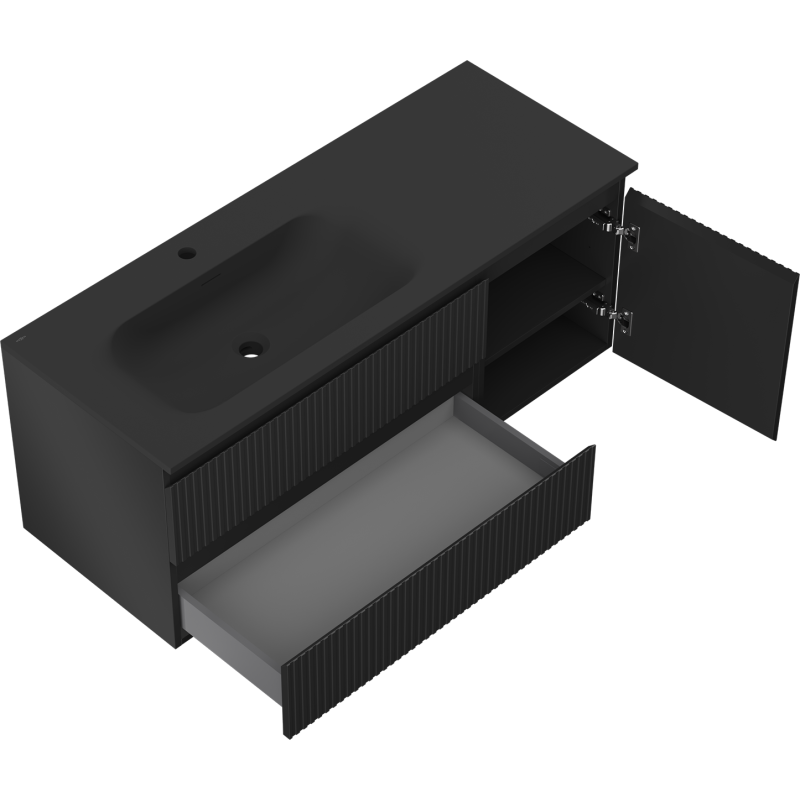 Mexen Rivel badkamerkast 120 cm met wastafel Vela links, 2S, 1D, geribbeld, zwart mat - 91A23-12047-3-BBFFF71-W23L71