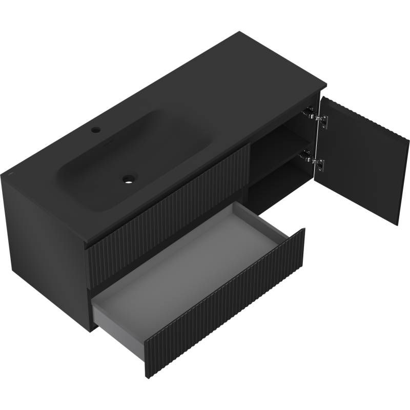 Mexen Rivel mueble de baño 120 cm con lavabo Vela izquierdo, 2S, 1D, acanalado, negro mate - 91A23-12047-3-BBFFF71-W23L71