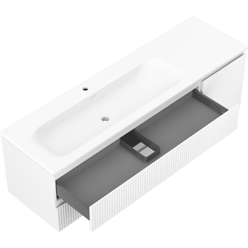 Mexen Rivel Badezimmerschrank 160 cm mit Waschbecken Vela links, 2S, 1D, gerillt, weiß matt - 91A23-16047-3-BBFFF01-W23L01