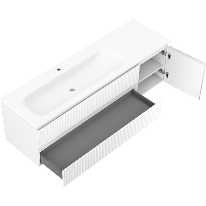 Mexen Rivel badkamerkast 160 cm met wastafel Vela links, 2 lades, 1 deur, geribbeld, wit mat - 91A23-16047-3-BBFFF01-W23L01