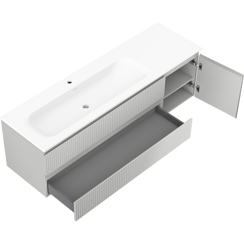 Mexen Rivel armario de baño de 160 cm con lavabo Vela izquierdo, 2 cajones, 1 puerta, acanalado, gris mate/blanco mate