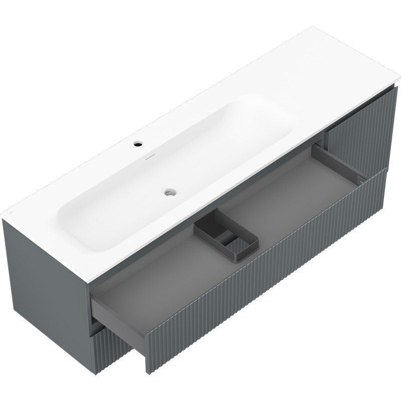 Mexen Rivel szafka łazienkowa 160 cm z umywalką Vela lewą, 2S, 1D, ryflowana, grafit/biała mat - 91A23-16047-3-BBFFF66-W23L01