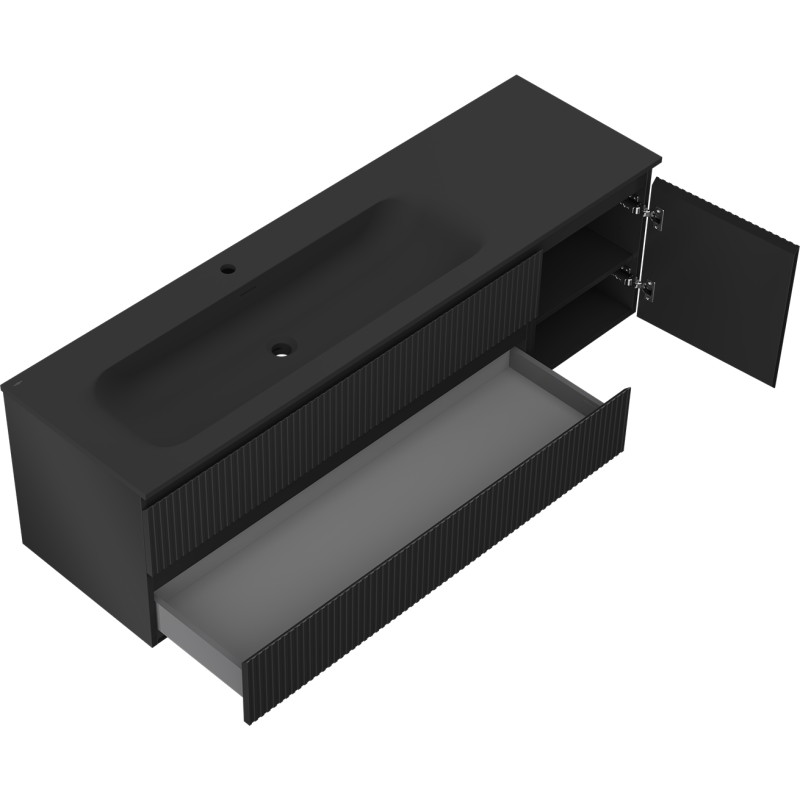 Mexen Rivel Badezimmerschrank 160 cm mit Waschbecken Vela links, 2S, 1D, geriffelt, schwarz matt - 91A23-16047-3-BBFFF71-W23L71