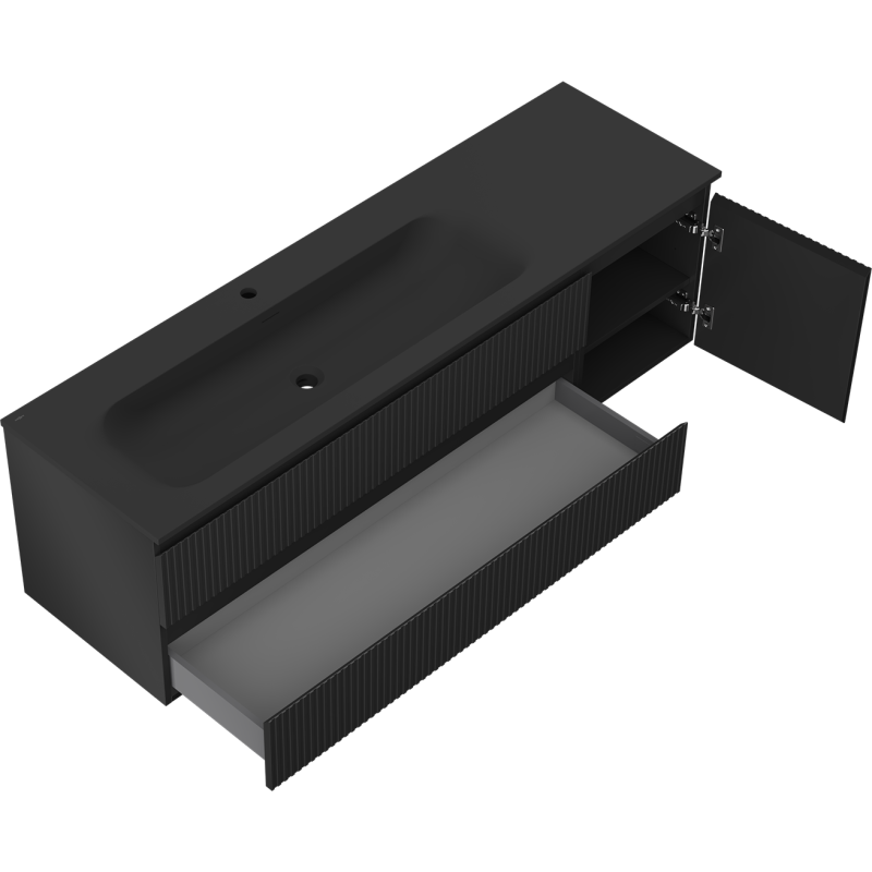 Mexen Rivel bathroom cabinet 160 cm with Vela left sink, 2S, 1D, fluted, black matte - 91A23-16047-3-BBFFF71-W23L71