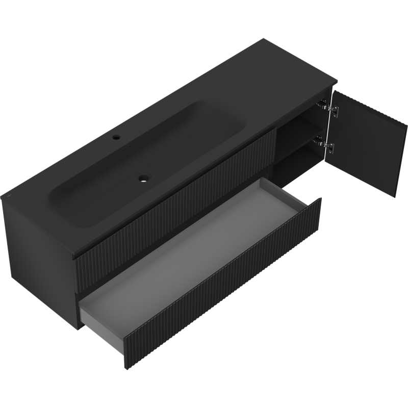 Mexen Rivel gabinete de baño de 160 cm con lavabo Vela izquierdo, 2S, 1D, acanalado, negro mate - 91A23-16047-3-BBFFF71-W23L71