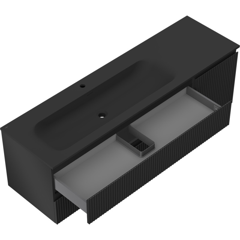 Mexen Rivel Badezimmerschrank 160 cm mit Waschbecken Vela links, 2S, 1D, geriffelt, schwarz matt - 91A23-16047-3-BBFFF71-W23L71