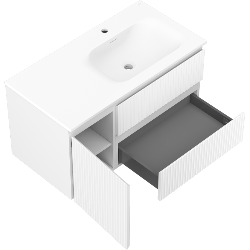 Mexen Rivel armario de baño 90 cm con lavabo Vela derecho, 2S, 1D, estriado, blanco mate - 91A23-09047-3-BBFFF01-W23P01