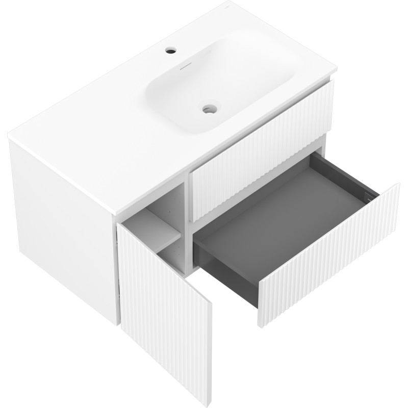 Mexen Rivel meuble de salle de bain 90 cm avec lavabo Vela à droite, 2S, 1D, rainuré, blanc mat - 91A23-09047-3-BBFFF01-W23P01