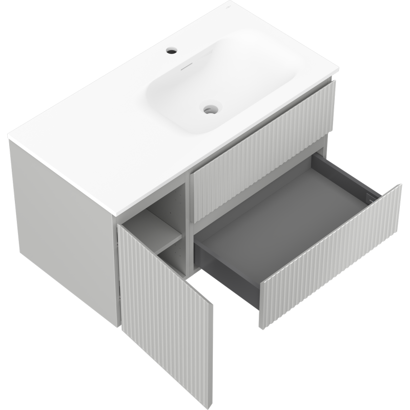 Mexen Rivel armadietto da bagno 90 cm con lavandino Vela destro, 2S, 1D, scanalato, grigio opaco/bianco opaco