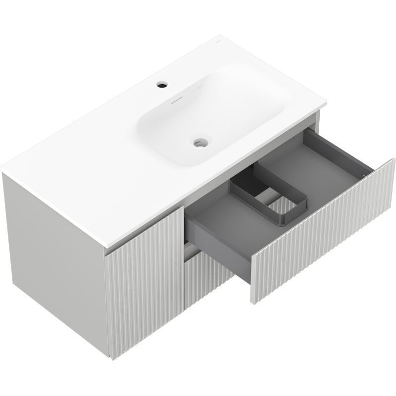 Mexen Rivel armario de baño de 90 cm con lavabo Vela derecho, 2S, 1D, estriado, gris mate/blanco mate