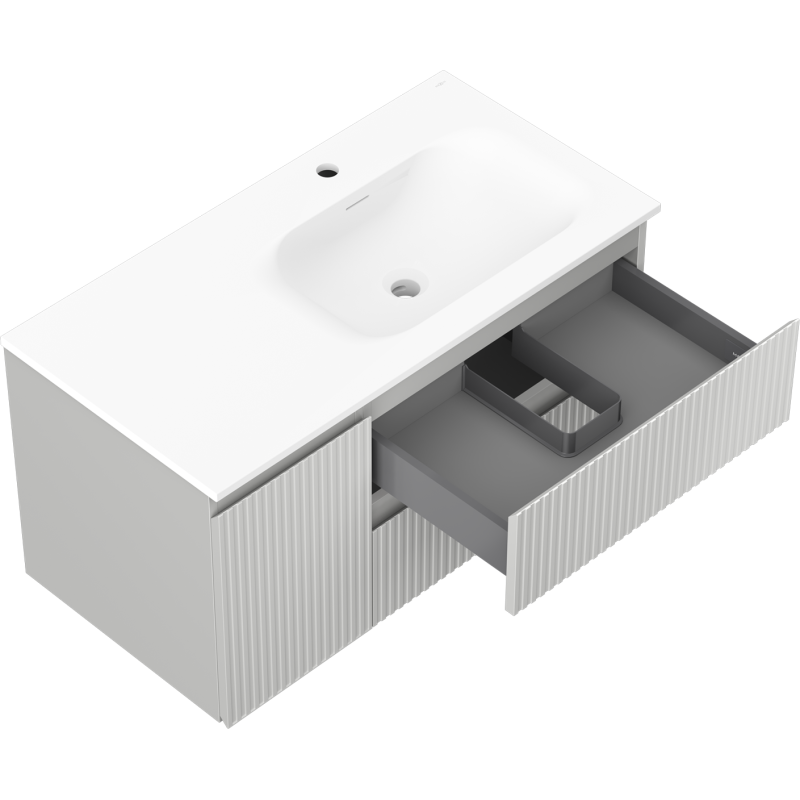 Mexen Rivel bathroom cabinet 90 cm with Vela sink right, 2S, 1D, grooved, gray mat/white mat - 91A23-09047-3-BBFFF62-W23P01