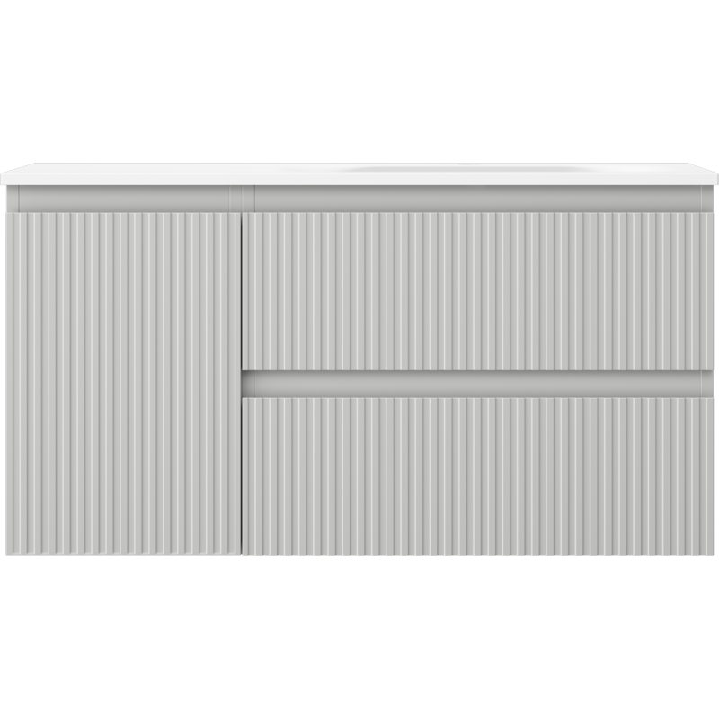 Mexen Rivel szafka łazienkowa 90 cm z umywalką Vela prawą, 2S, 1D, ryflowana, szara mat/biała mat - 91A23-09047-3-BBFFF62-W23P01