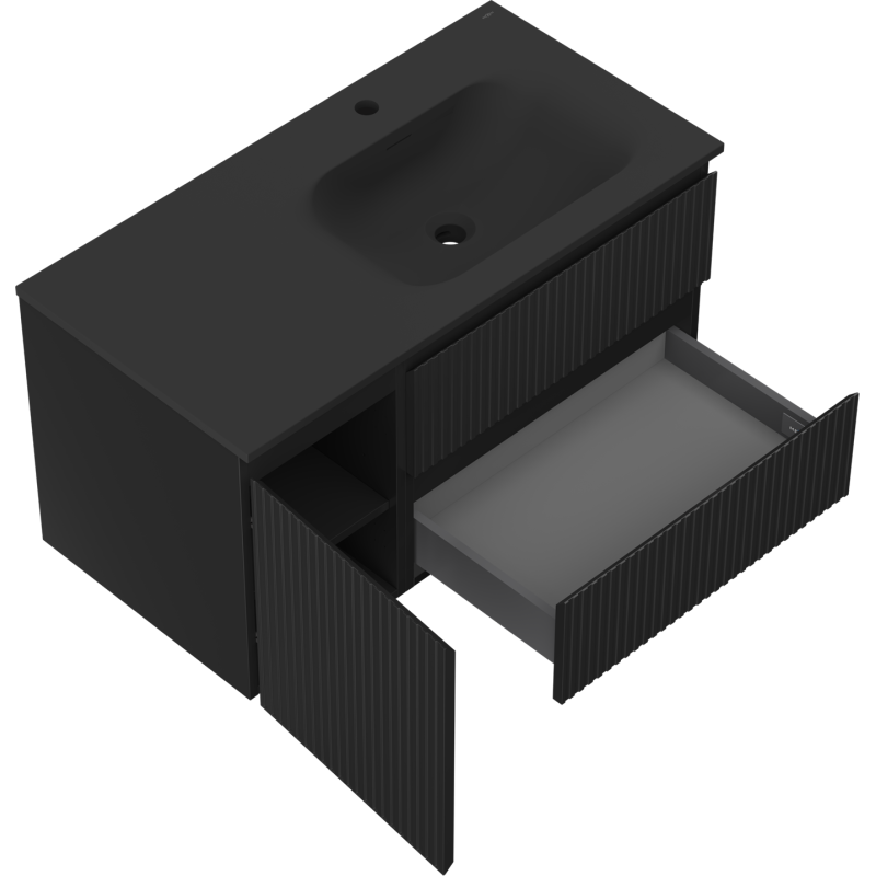 Mexen Rivel Badezimmerschrank 90 cm mit Waschbecken Vela rechts, 2S, 1D, gerillt, schwarz matt - 91A23-09047-3-BBFFF71-W23P71