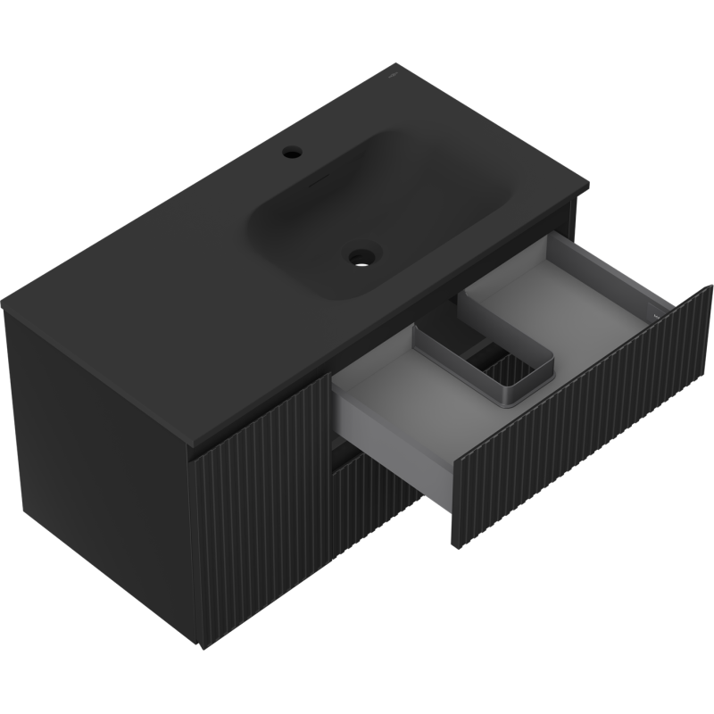 Mexen Rivel bathroom cabinet 90 cm with Vela right basin, 2S, 1D, fluted, black matte - 91A23-09047-3-BBFFF71-W23P71