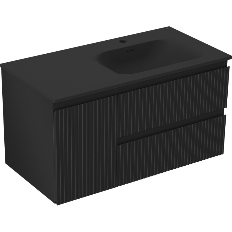 Mexen Rivel badkamerkastje 90 cm met wastafel Vela rechts, 2S, 1D, geribbeld, zwart mat - 91A23-09047-3-BBFFF71-W23P71