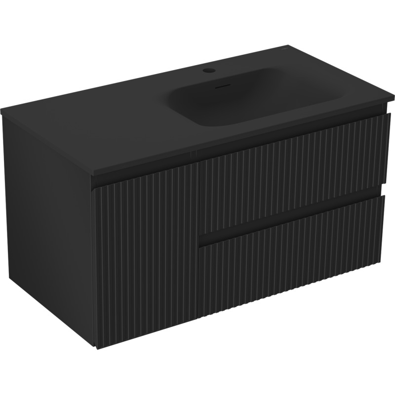 Mexen Rivel bathroom cabinet 90 cm with Vela right basin, 2S, 1D, fluted, black matte - 91A23-09047-3-BBFFF71-W23P71