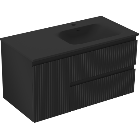 Mexen Rivel bathroom cabinet 90 cm with Vela right basin, 2S, 1D, fluted, black matte - 91A23-09047-3-BBFFF71-W23P71