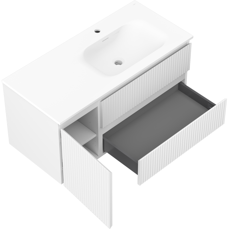 Mexen Rivel armoire de salle de bain 100 cm avec lavabo Vela droit, 2S, 1D, rainurée, blanc mat - 91A23-10047-3-BBFFF01-W23P01