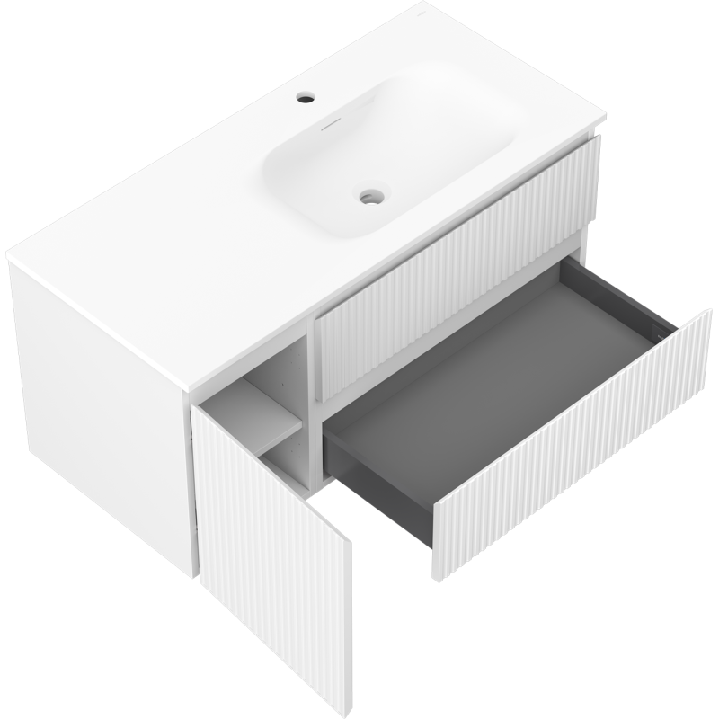 Mexen Rivel badkamerkast 100 cm met wastafel Vela rechts, 2S, 1D, gegroefd, wit mat - 91A23-10047-3-BBFFF01-W23P01