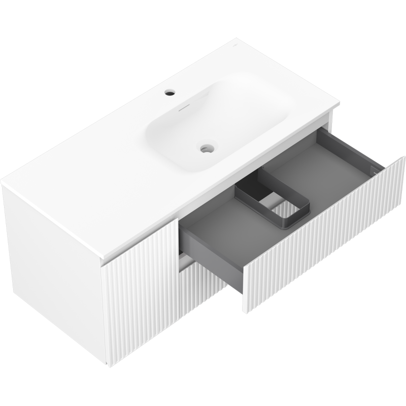 Mexen Rivel bathroom cabinet 100 cm with Vela right sink, 2S, 1D, fluted, white matt - 91A23-10047-3-BBFFF01-W23P01