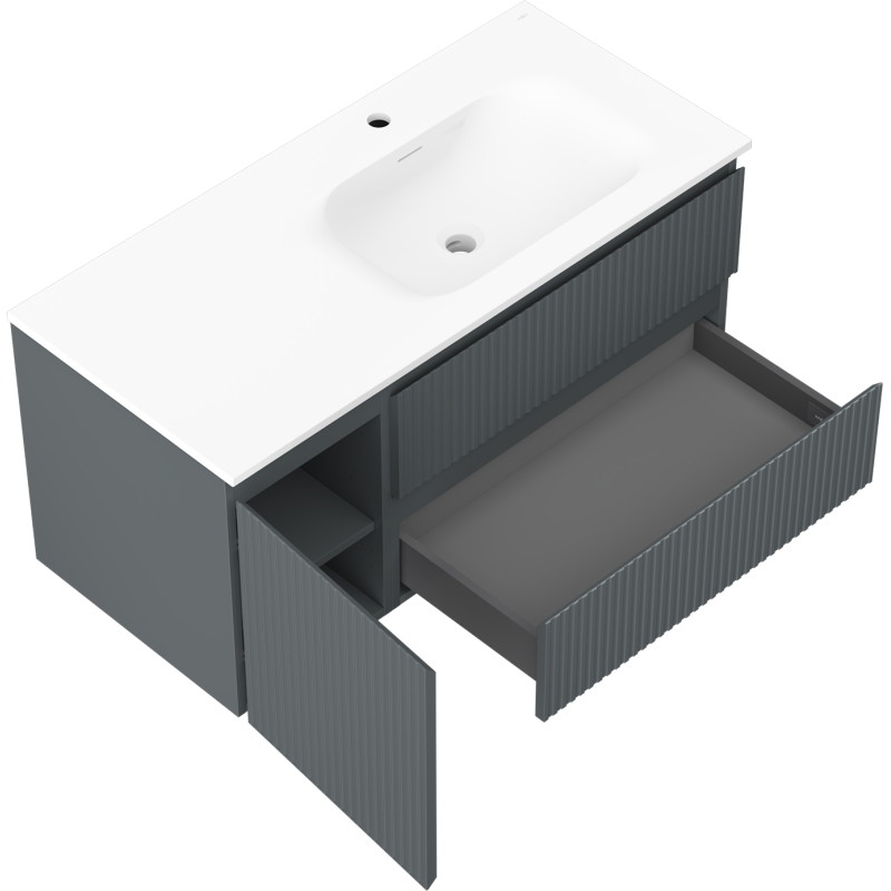 Mexen Rivel badkamerkast 100 cm met wastafel Vela rechts, 2S, 1D, geribbeld, grafiet/wit mat - 91A23-10047-3-BBFFF66-W23P01