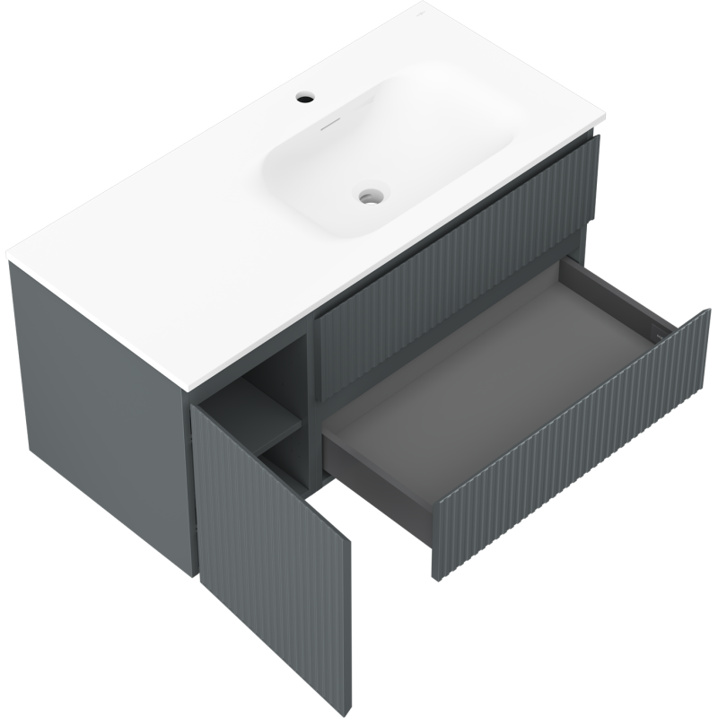 Mexen Rivel bathroom cabinet 100 cm with Vela sink right, 2S, 1D, fluted, graphite/white matte - 91A23-10047-3-BBFFF66-W23P01