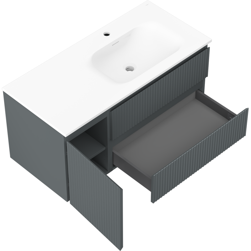 Mexen Rivel szafka łazienkowa 100 cm z umywalką Vela prawą, 2S, 1D, ryflowana, grafit/biała mat - 91A23-10047-3-BBFFF66-W23P01