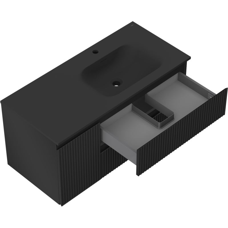 Mexen Rivel mueble de baño de 120 cm con lavabo Vela a la derecha, 2S, 1D, ranurado, negro mate - 91A23-10047-3-BBFFF71-W23P71