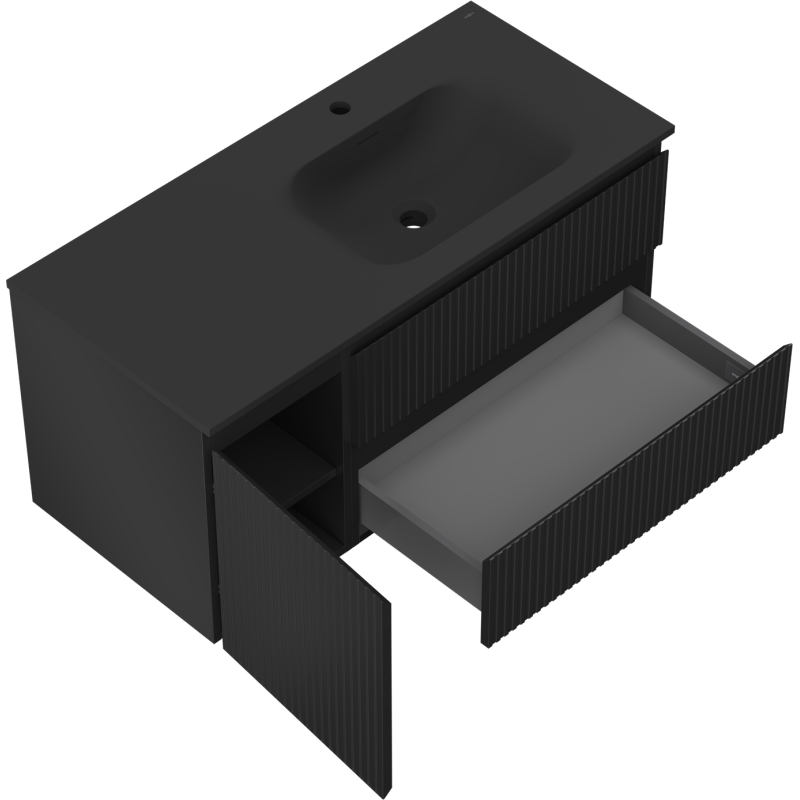 Mexen Rivel Badezimmerschrank 120 cm mit Waschbecken Vela rechts, 2S, 1D, gerillt, Schwarz matt - 91A23-10047-3-BBFFF71-W23P71